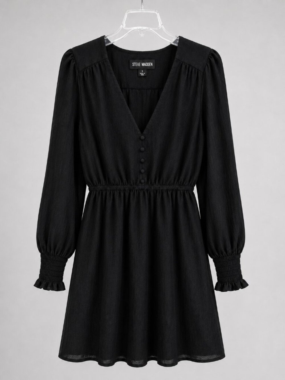 Steve Madden Small Black Crinkle Puff Sleeve Dress Lined Boho NEW No Tags